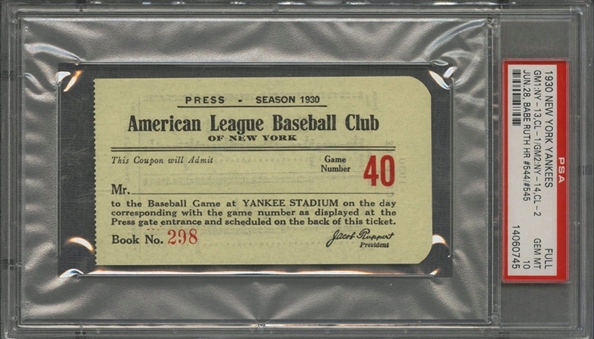 1930 New York Yankees Full Ticket - Babe Ruth 2 Home Run Game  (PSA GEM MT 10)
